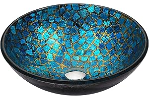ANZZI Mosaic Modern Tempered Glass Vessel Bowl Sink in Blue/Gold Mosaic Finish, Top Mount Installation Bathroom Sinks above Counter, Round Vanity Countertop Sink Bowl, LS-AZ198
