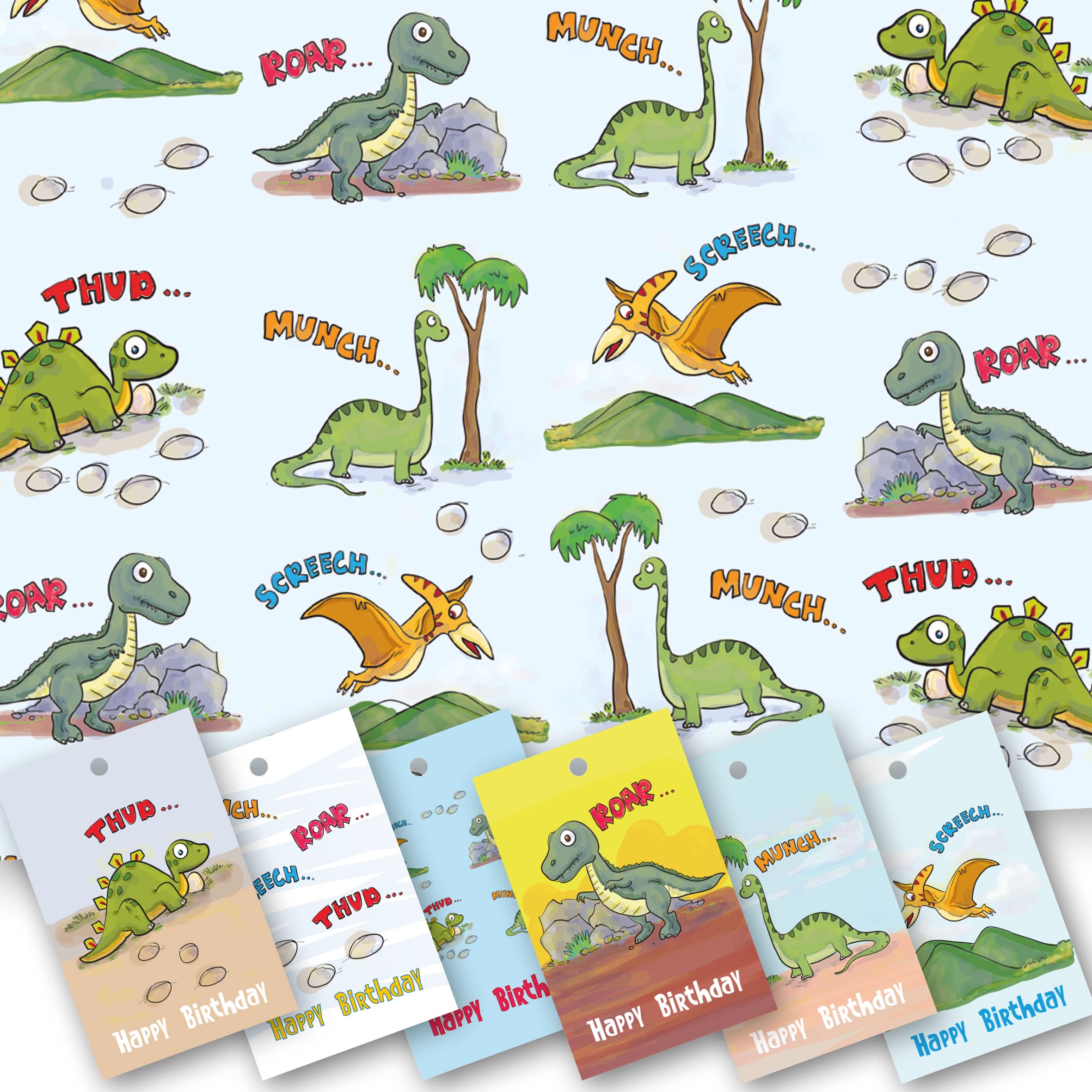 Happy Birthday Wrapping Paper. Dinosaur Wrapping Paper. 5 XL Sheets (50 x 70cm). Gift Wrap with Matching Tags. Cutting Grid on Reverse.