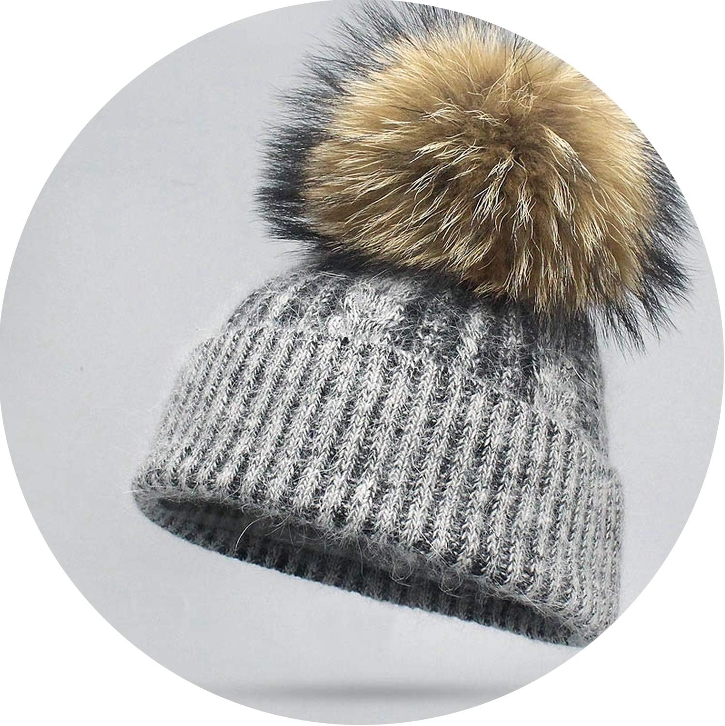 TheUniqueHouse Natural Raccoon Fur Winter Warm Hats Knitted Wool Ski Caps