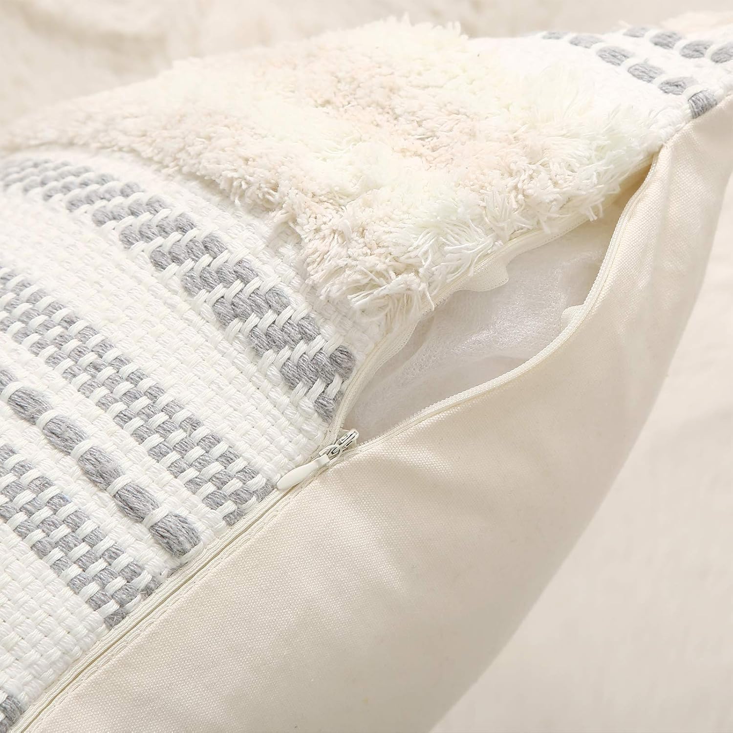 decorUhome Boho Decorative Throw Pillow Cover for Bed Bedroom Neutral Accent Cushion Cover Tufted Woven Pillow Case, 18x18, Beige: Home & Kitchen