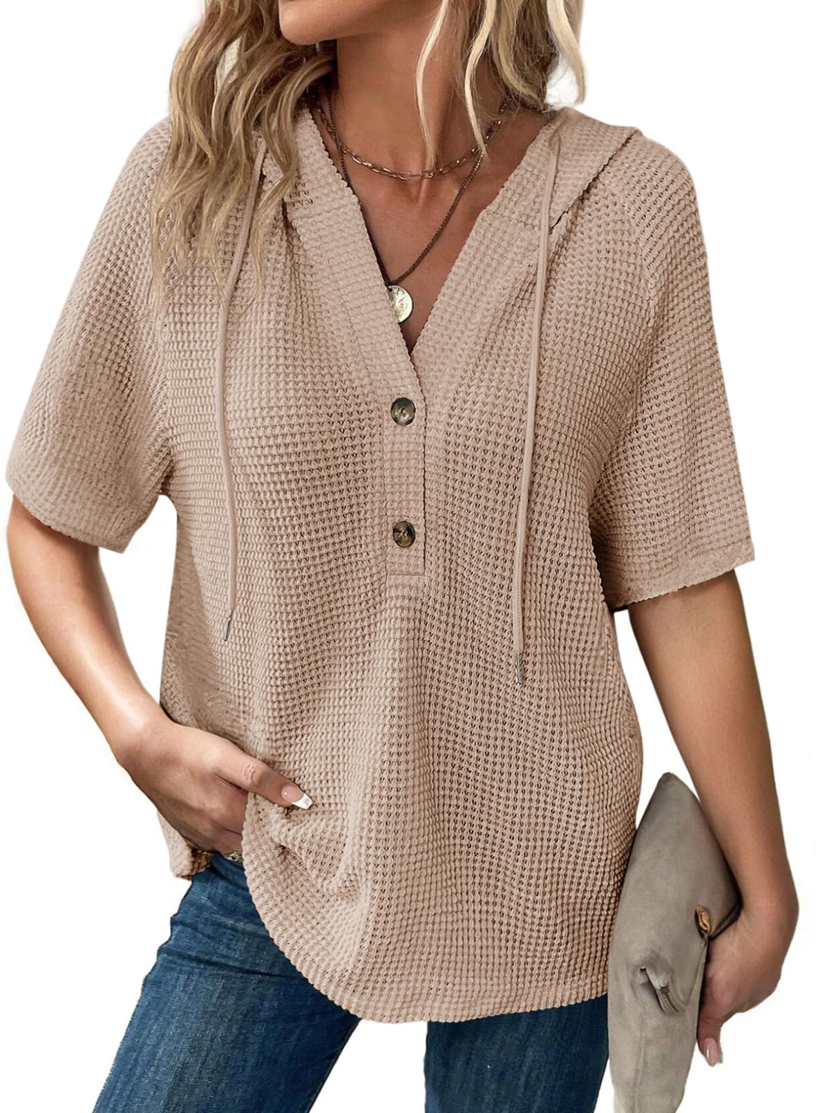 Dokotoo Womens Summer Tops Waffle Knit Short Sleeve Lightweight Drawstring Hoodies Button V Neck Casual Blouses Shirts