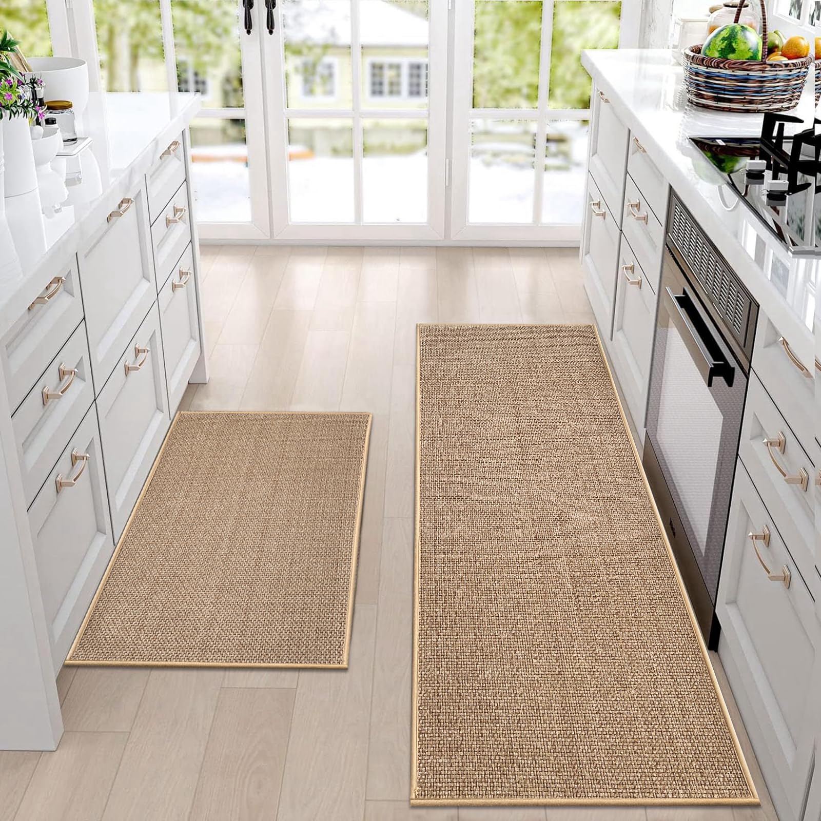 Artnice Kitchen Rug Mat Sets Non Slip Washable, Absorbent Floor Mats for Kitchen, Runner Rugs Set for Kitchen, Hallway, Dining Room, 44x77cm+44x120cm, Beige