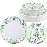 Kochorie 72 Pieces White & Green Floral Disposable Plastic Plates, 10.25" and 7.5" Dinner and Dessert Plates Serving Dish Tray Heavy Duty Party Tableware Supplies for Weddings Birthdays