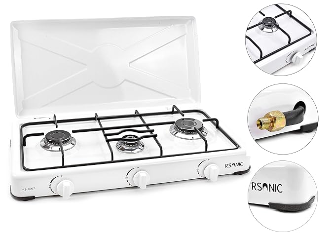 RSonic - TruWare Gasherd Hockerkocher Gaskocher Campingherd Campingkocher Tischkocher mit Deckel | 3 flammig - 4,8kW