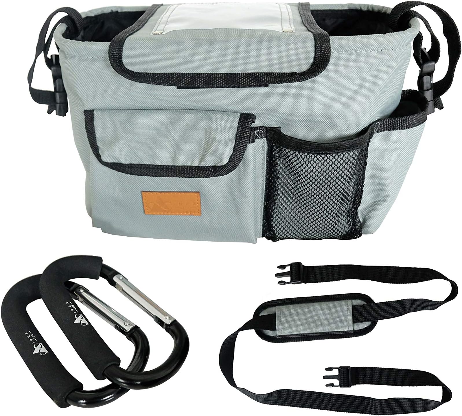 Stroller Organizer & Padded Hooks - Universal Parent Console, Caddy, Carriage Accessories | Durable NO Sag or Shape Loss, Collapsible Design | Padded Shoulder Strap, Deep Insulated Cup Bottle Holder