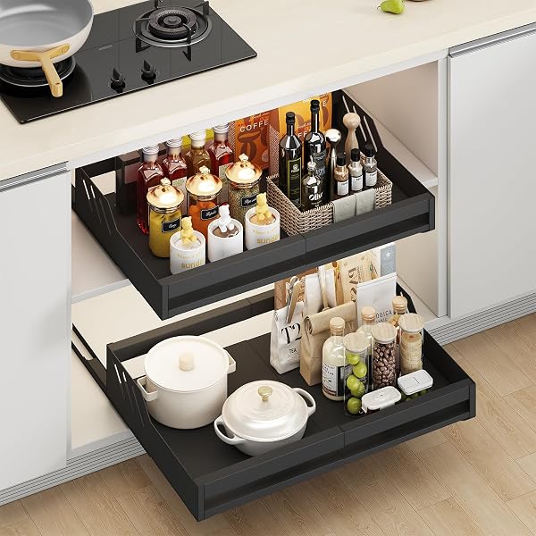 WONCHERRY EXPANDABLE PULL OUT CABINET ORGANIZER, ADJUSTABLE(13″-21.7″W X16.9″D) SLIDING DRAWER ORGANIZER, NO SCREW/PUNCH SLIDE OUT UNDER SINK CABINET STORAGE SHELF FOR KITCHEN PANTRY HOME, BLACK 1PACK