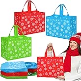 SilTriangle 48 Pcs Large Christmas Tote Bags with Handles 12.8 x 9.8 Inches Reusable Non Woven Snowflake Gift Bags Red Blue Green Grocery Shopping Totes for Xmas Party Favor Supplies Present Wrapping
