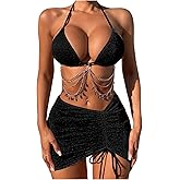 COZYEASE Women's 3 Piece Bikini Set Backless Halter Neck Triangle Chain Swimsuit Set with Beach Skirt