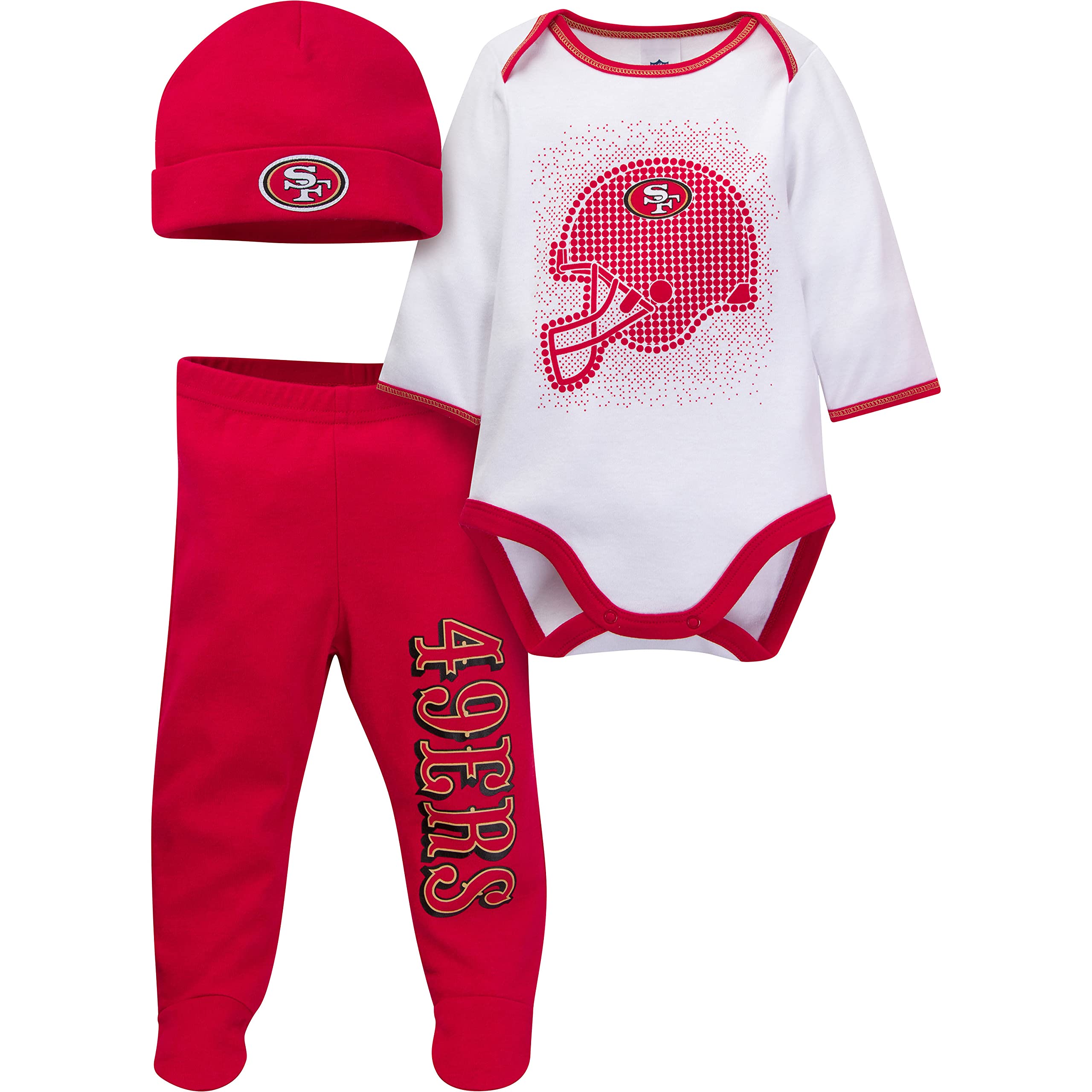 Gerber NFL baby boys 3 Pack Bodysuit Registry Gift Set Girls FOOTED PANT AND CAP, Team Color, 3-6 Months US Image