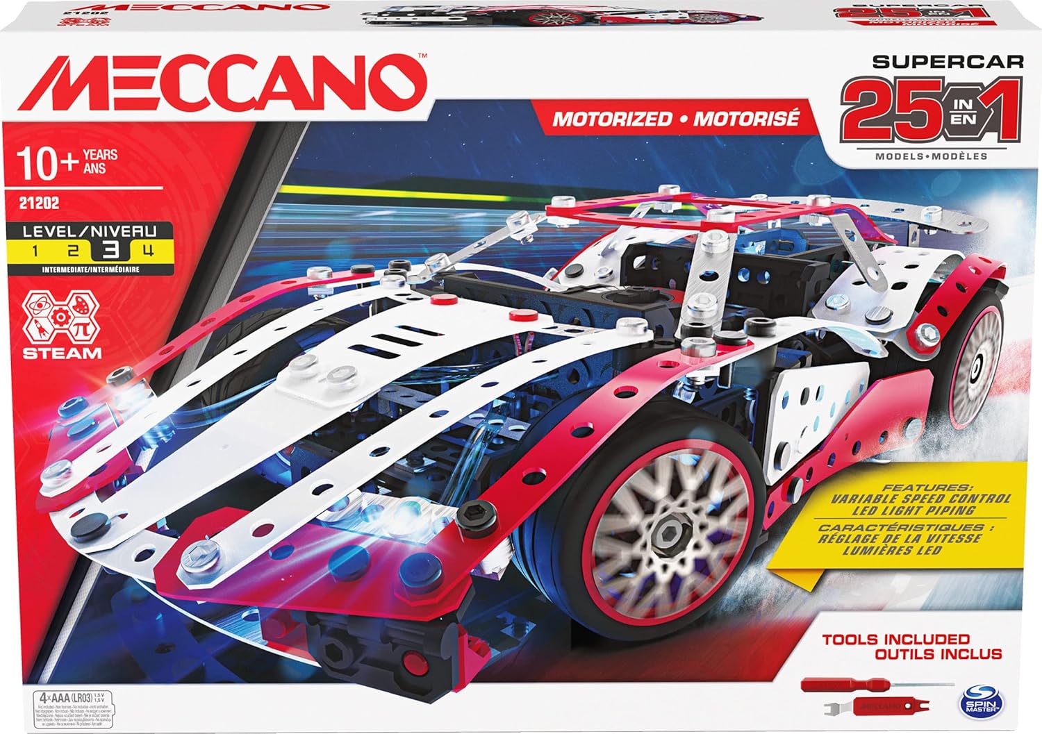 MECCANO, 25-in-1 Motorized Supercar STEM Model Building Kit with 347 Parts, Real Tools and Working Lights, Kids Toys for Ages 10 and Up