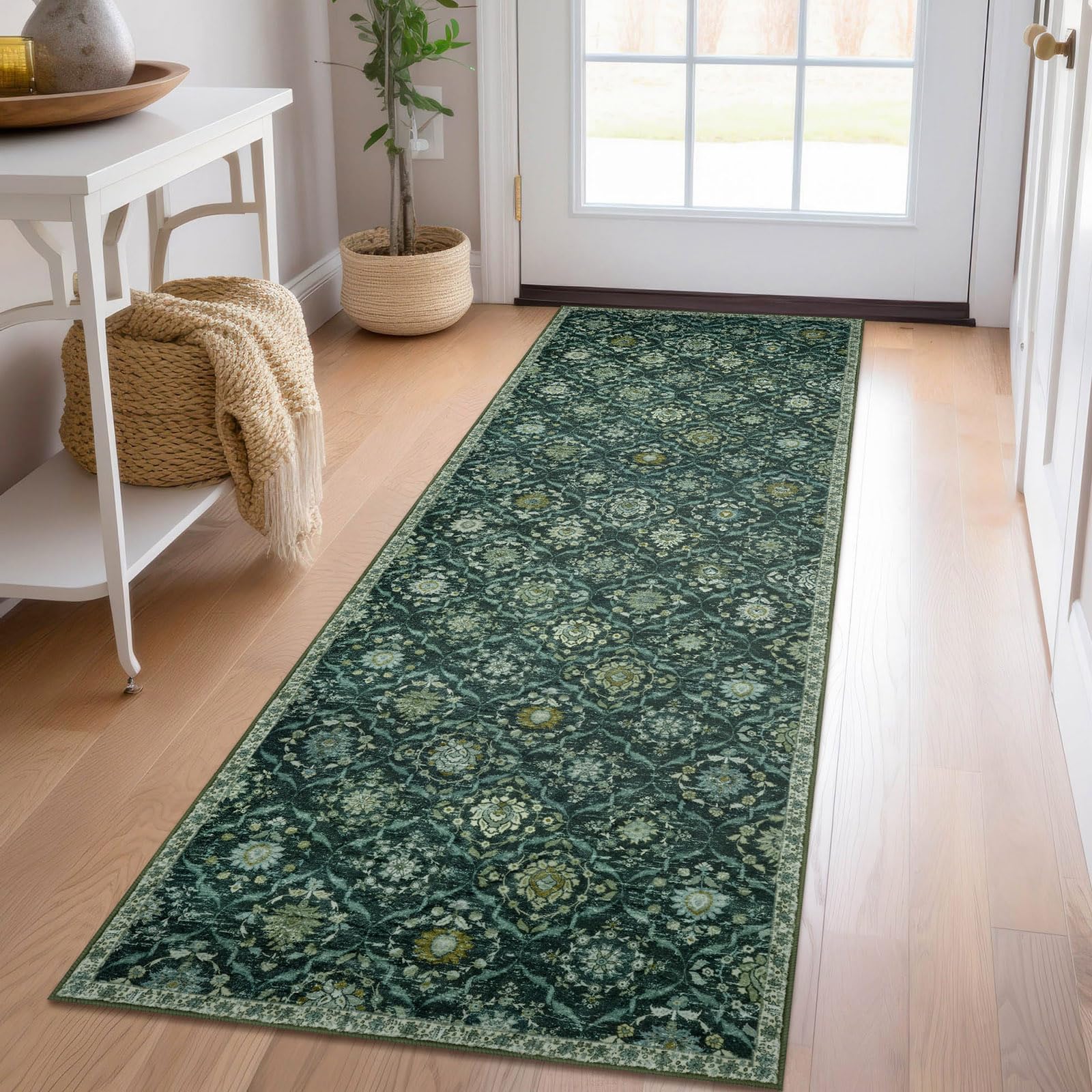 Photo 1 of KILOCOCO 2x6 Runner Rug, Moroccan Super Soft Washable Hallway Entryway Runner Rug, Accent Print Faux Wool Kitchen Runner Rug 6 Feet Non-Slip Boho Rug Runner for Laundry Room Bedroom, Dark Green
