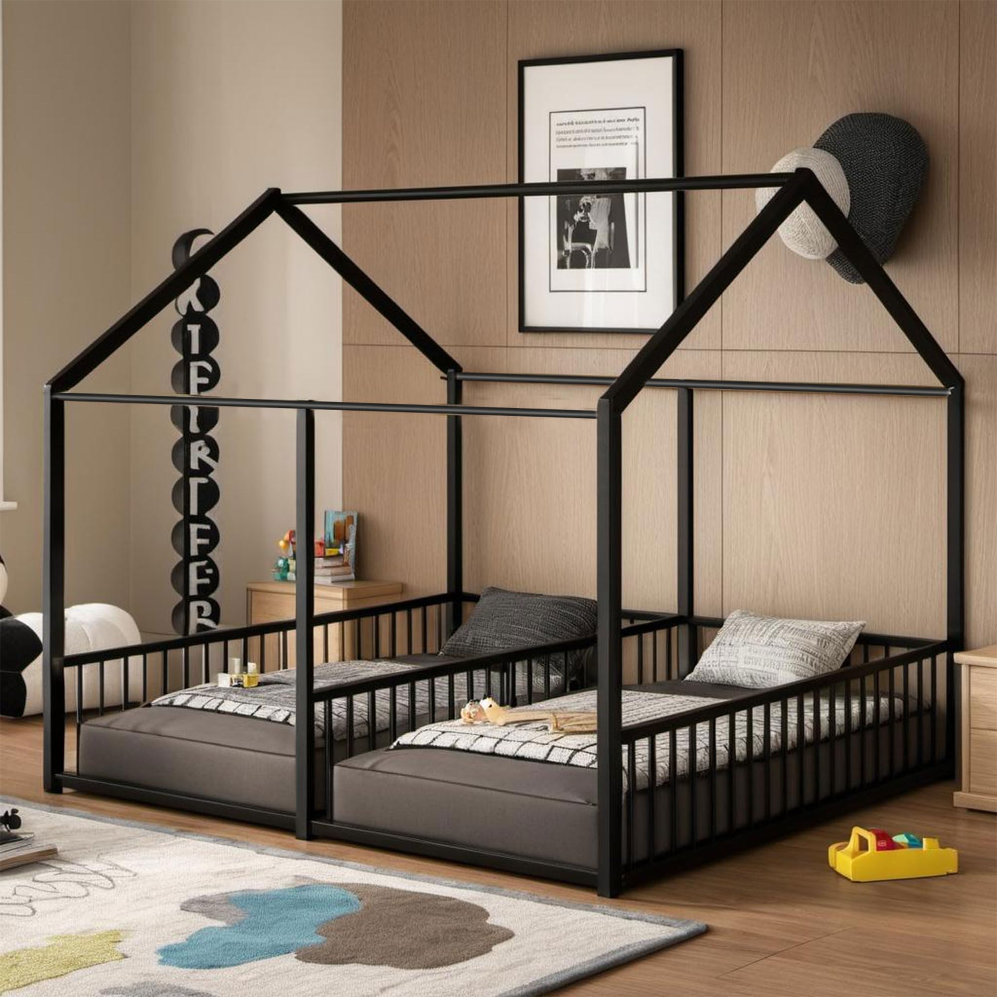 Photo 1 of **Scuffs and scratches **PVWIIK Double Montessori Floor Bed with Fence & Roof for Two Kids Teens Boys Girls,Twin Floor Bed,Easy Assemble,No Box Spring Needed, Black