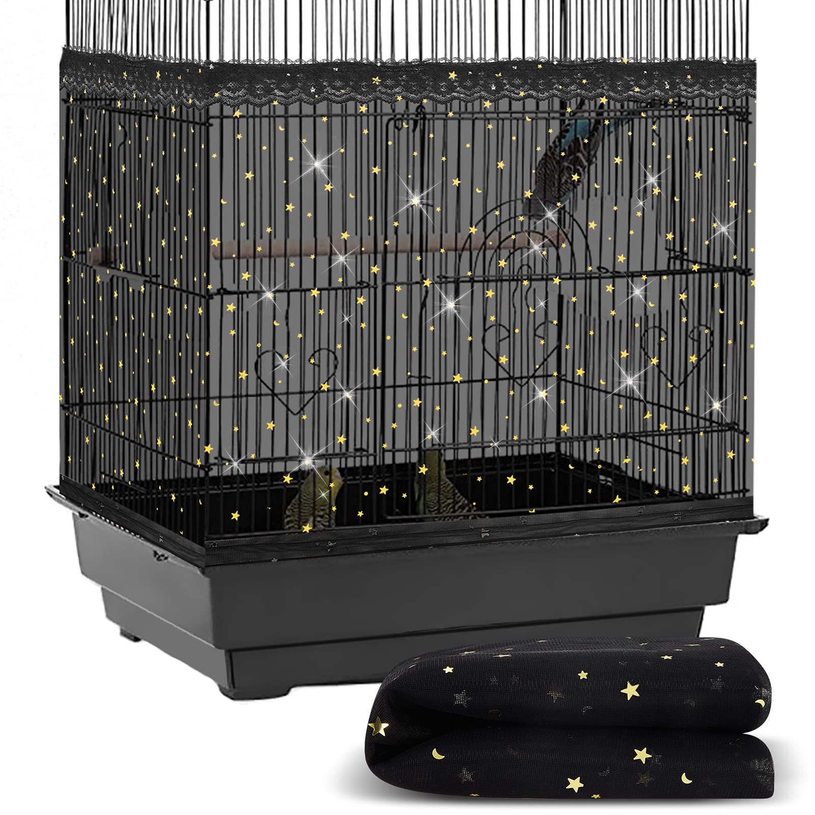 Photo 1 of Large Bird Cage Cover Birdcage Nylon Mesh Net Cover Seed Feather Catcher Twinkle Star Universal Birdcage Cover Bird Seed Guard Skirt for Parakeet Macaw African Round Square Cage (Black, L)