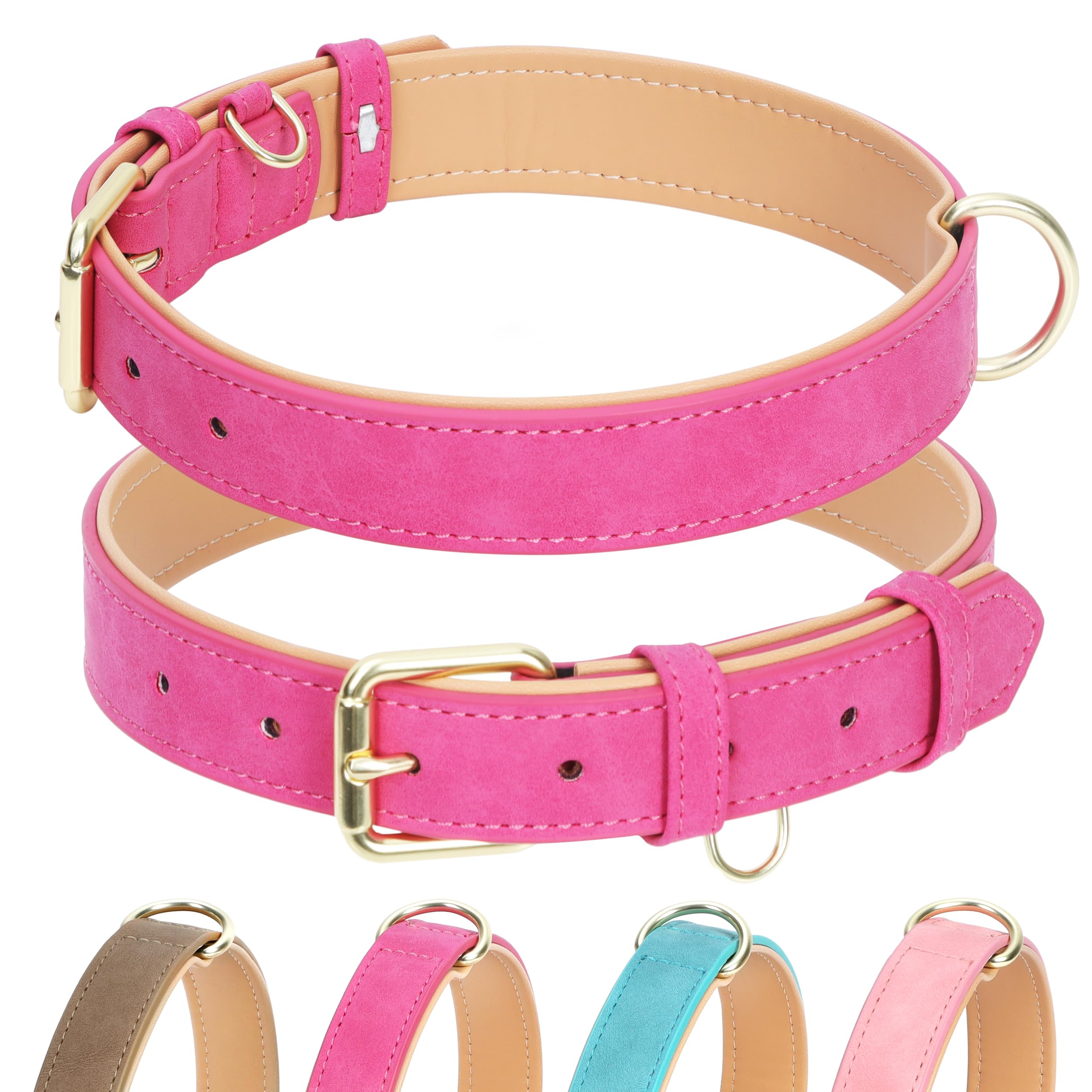 Jumpress Leather Dog Collar for Small Medium Large Dogs, Soft Padded Dog Leather Collar with Heavy Duty Gold Buckle, Durable & Comfortable for Puppy Dogs Daily Walking (Hot Pink, XS)