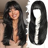 Eawwii Long Black Wig with Bangs for Women, 4x4 Realistic Scalp,Free Parting, Layered Hairstyle Synthetic Heat Resistant for Daily Party Use 26 inch