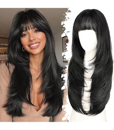 Amazon.com : Cemuto Dark Brown Synthetic Wig with Bangs  display picture 2