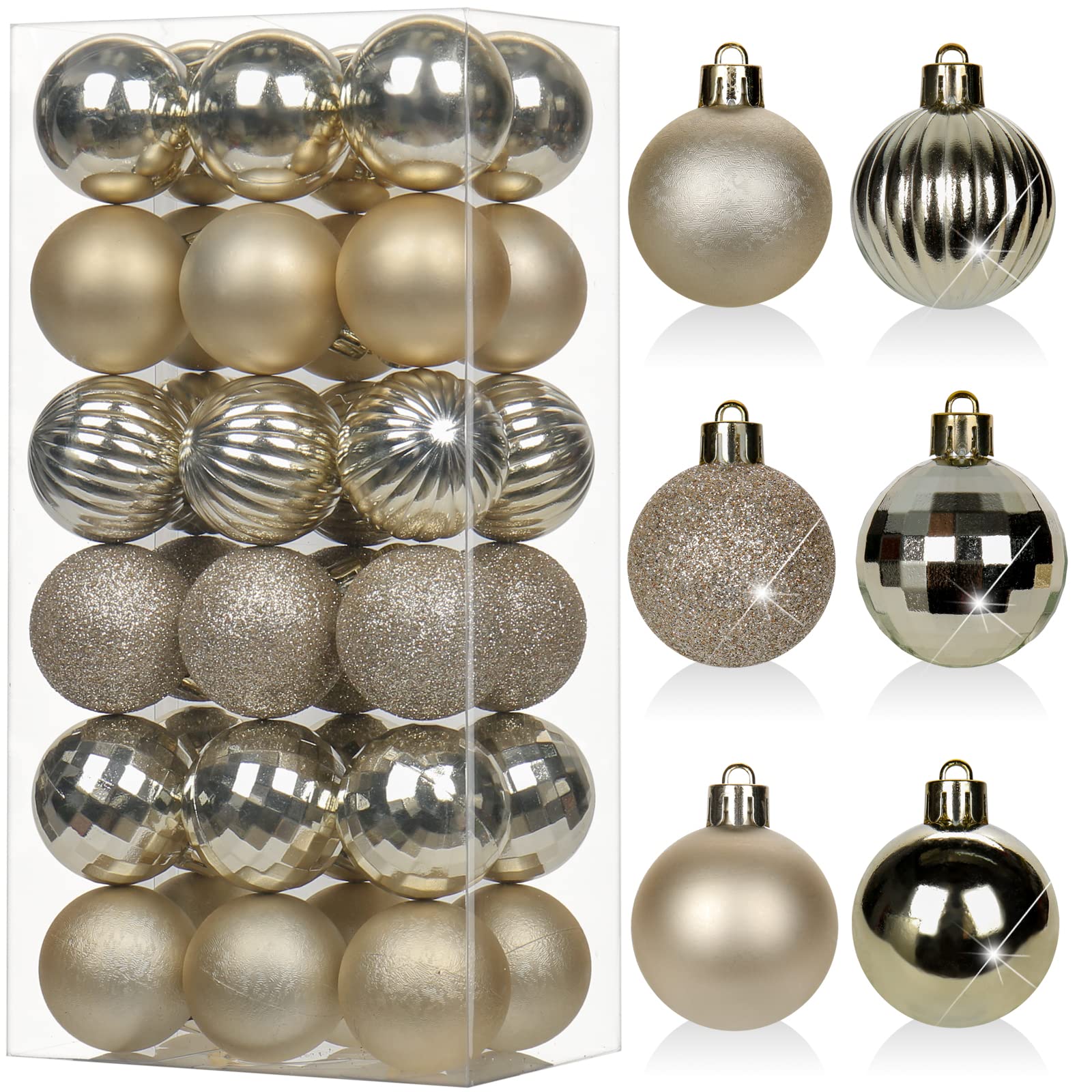 Photo 1 of 1.57" Champagne Christmas Ornaments for Christmas Tree 36 Pcs Mini Shatterproof Balls Christmas Tree Decorations Small Xmas Ornaments Ball with Hanging Loop for Wedding Holiday Party Wreath Home Decor