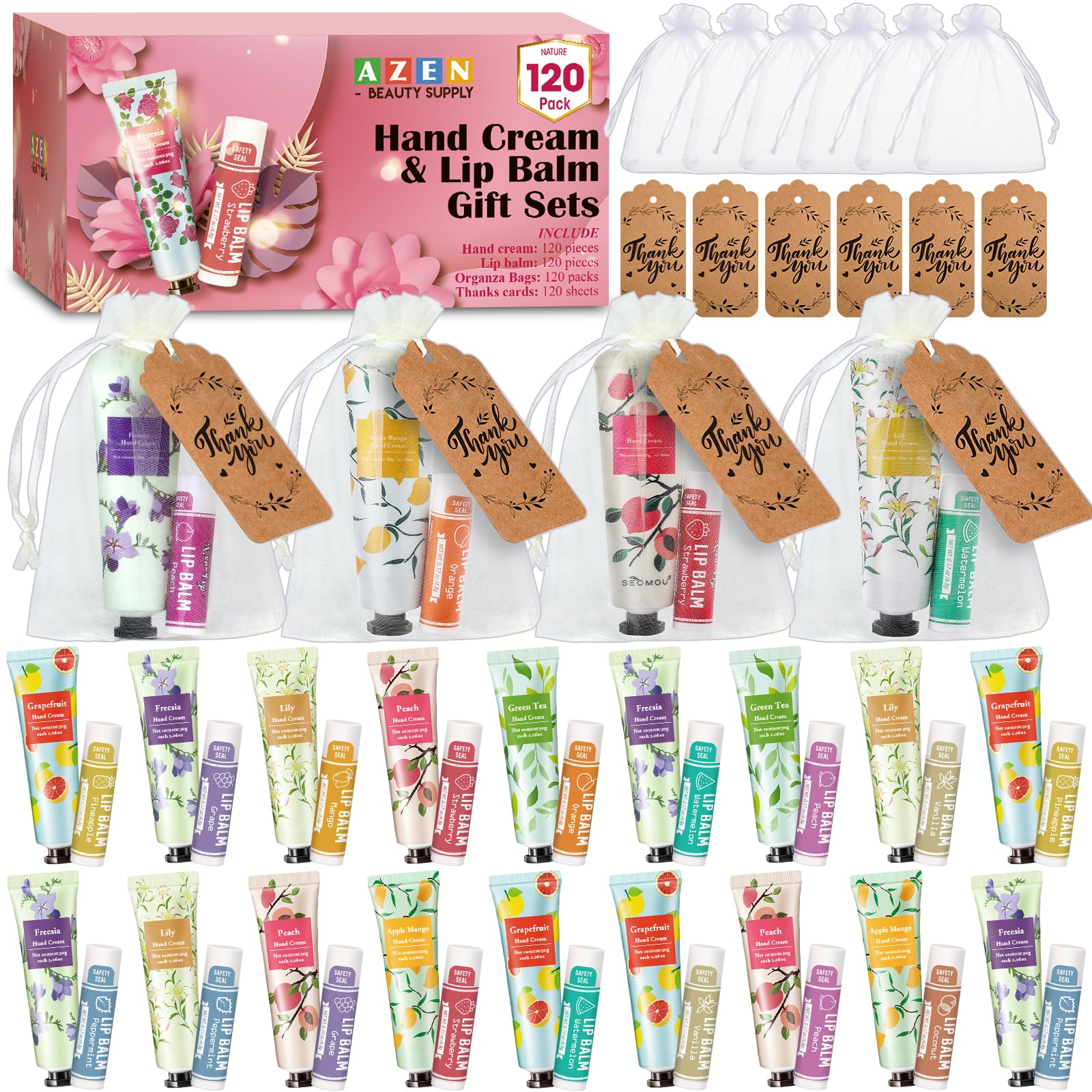 Photo 1 of AZEN 120 Sets Bulk Gifts, Hand Cream and Lip Balm Bulk Set with Organza Bag Thank You Card, Baby Shower Wedding Gifts for Guests, Bridal Wedding Favors for Guests,Thank You Gifts for Women