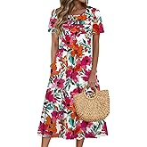 Zeagoo Womens Casual Dresses for Summer Short Sleeve Flare Midi Dress Loose Beach Sundress Pleated Front Dress with Pockets