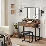 VASAGLE Dressing Table with Mirror and Stool Tri-Fold, 3 Drawers view 3