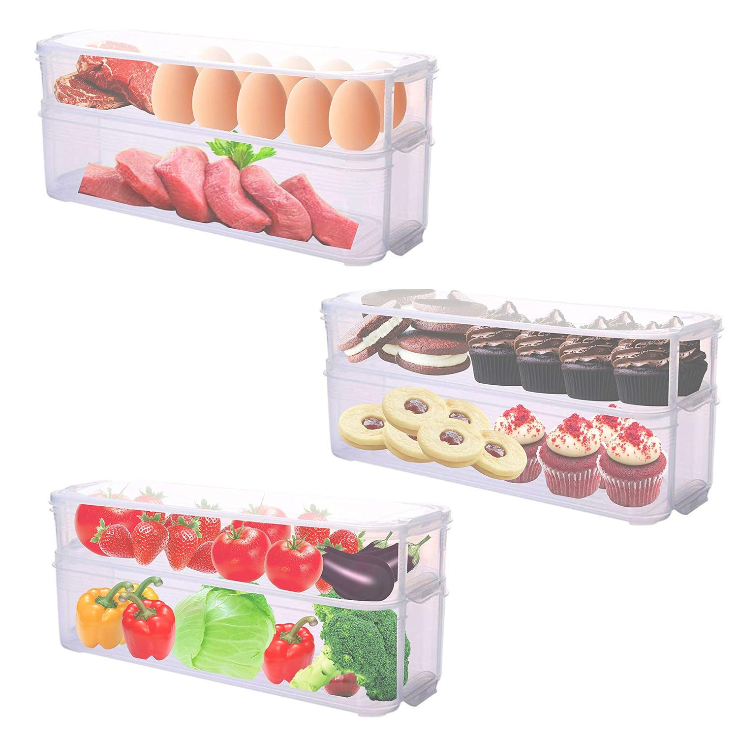 Kitchen Storage Box with Lid (3 Pcs) Stackable Multi Purpose 2 Tier