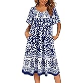 Ekouaer Women's House Dress - Pleated Nightgown with Short Sleeves & Pockets