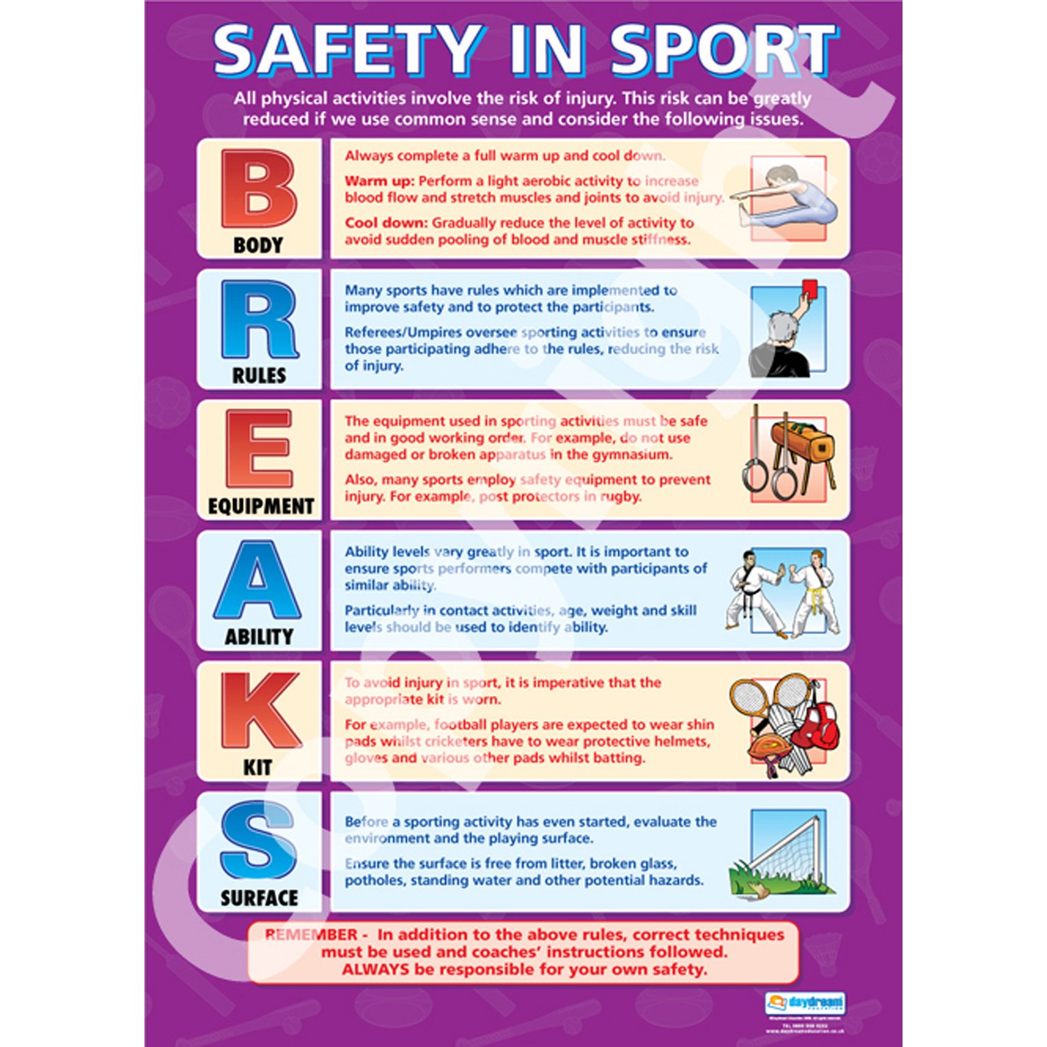 Daydream Education Safety in Sport | PE Posters | Laminated Gloss Paper measuring 850mm x 594mm (A1) | Physical Education Charts for the Classroom | Education Charts