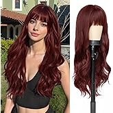 AISI QUEENS Wine Red Wigs for Women,Dark Red Wig with Bangs Long Red Wig Synthetic Fiber Womens Wavy Wigs Long Curly Wig for Daily Party Halloween Use