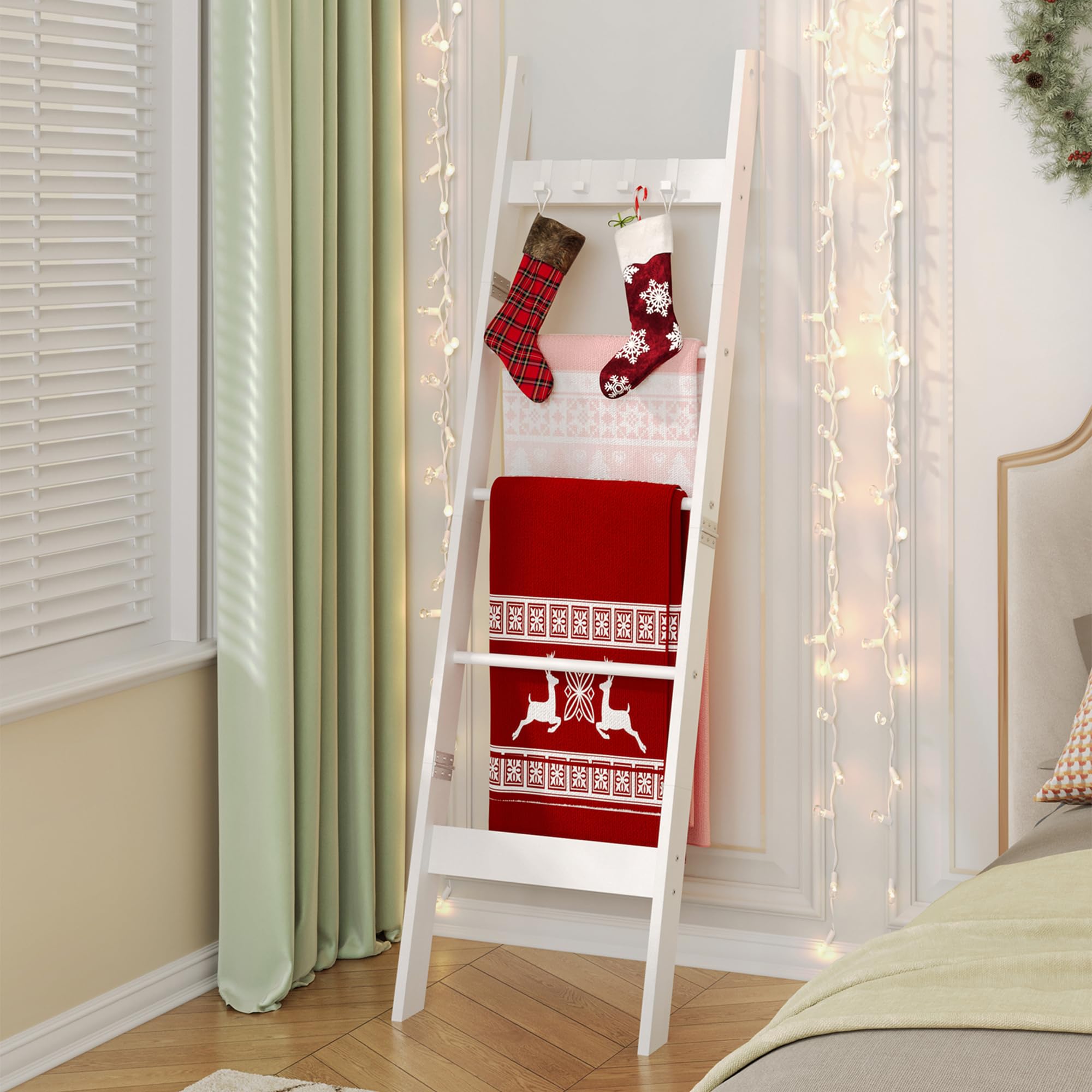 Hzuaneri Blanket Ladder for Living Room, Decorative Quilt Rack with 4 Removable Hooks, 5-Tier Farmhouse Ladder Holder Shelf Organizer for Bedroom, White BR02113W Image