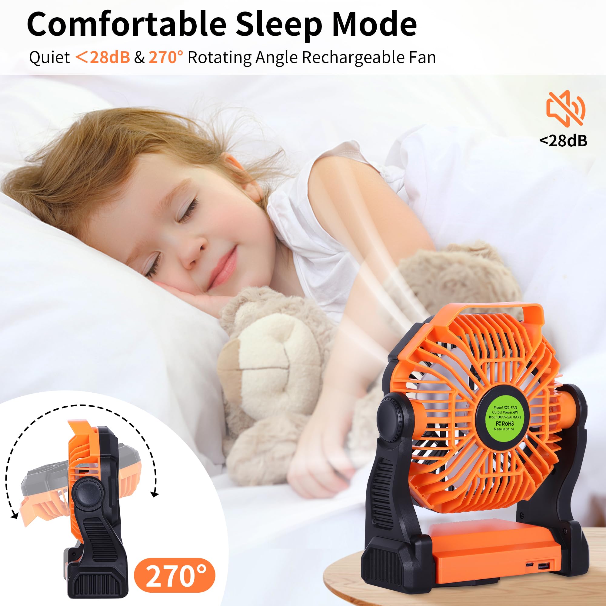 TDLOL Portable Fan Battery Powered Fan Rechargeable,270°Pivot Battery Operated Camping Fans with LED Light & Hook,USB Personal Rechargeable Outdoor Camping for Tent, Travel