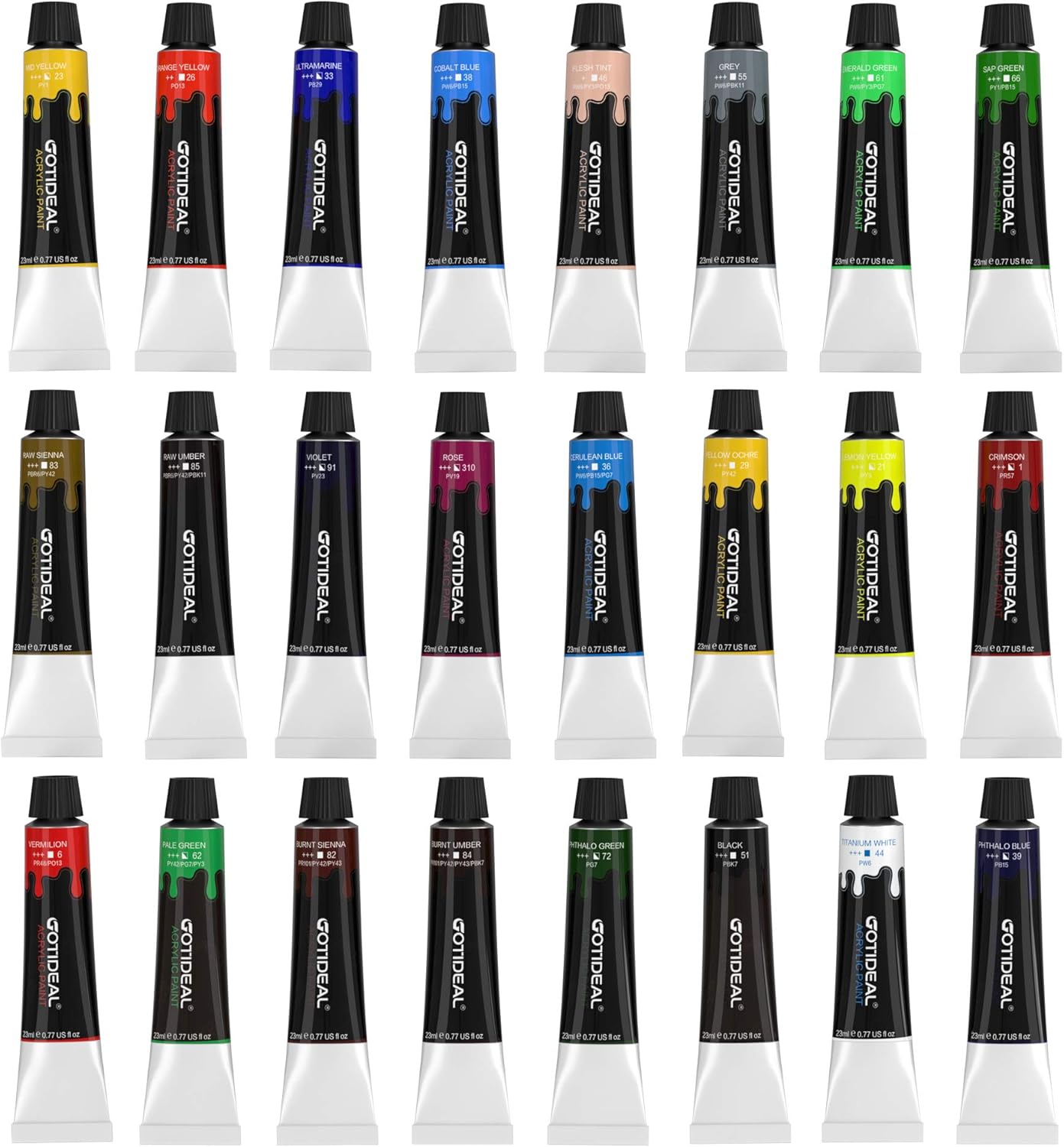 GOTIDEAL Acrylic Paint Set, 24 Colors/Tubes(23ml, 0.77 oz) Non Toxic Non Fading, Rich Pigments for Artist, Hobby Painters, Adults & Kids, Ideal for Canvas Wood Clay Fabric Ceramic Craft Supplies