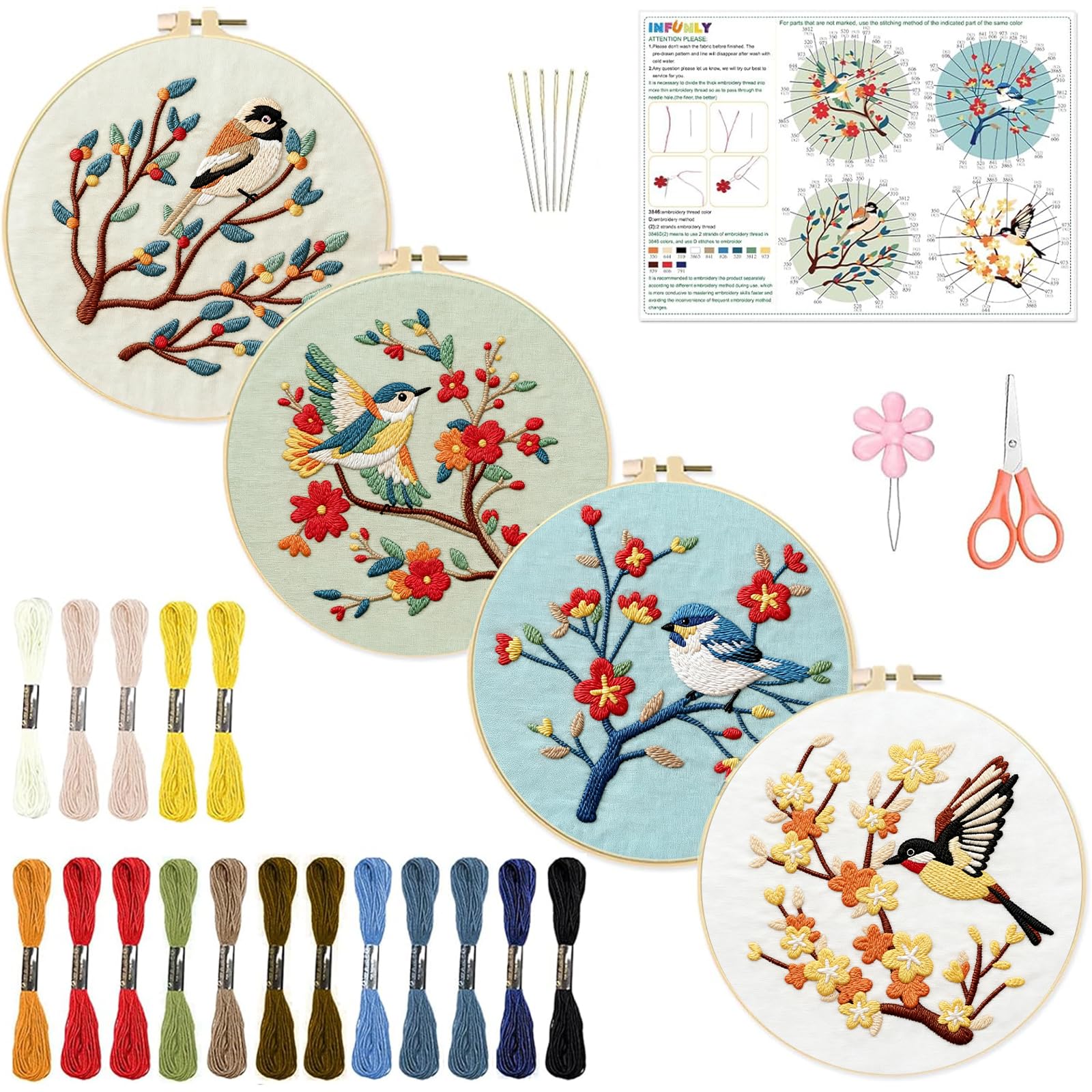 INFUNLY 4 Pack Hummingbird Embroidery Kits for Beginners Flower Cross Stitch Kit Animal DIY Needlepoint Kits Floral Stamped Embroidery Kit with Instructions Embroidery Hoops Threads