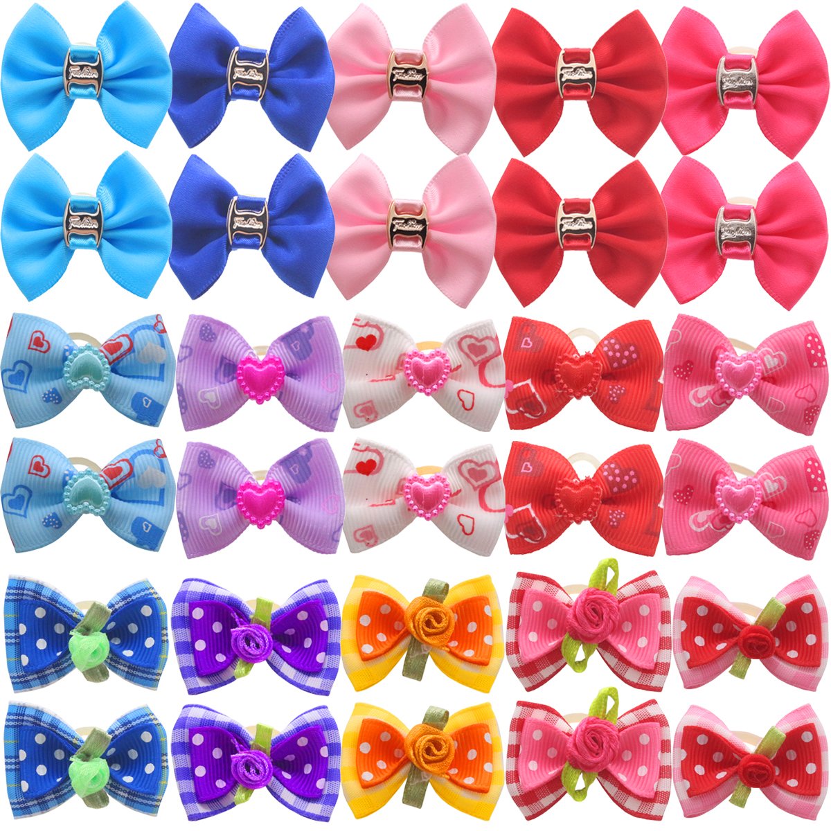 HOLLIHI 30pcs / 15 Pairs Adorable Grosgrain Ribbon Pet Dog Hair Bows with Rubber Bands - Puppy Topknot Cat Kitty Doggy Grooming Hair Accessories Bow knots Headdress Flowers Set for Groomer