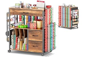 PUNLUXU Wrapping Paper Storage Cart, Rolling Gift Wrap Station with Ribbon and Gift Bag, Craft Organizer Holder, 02 MAX Patent Protected