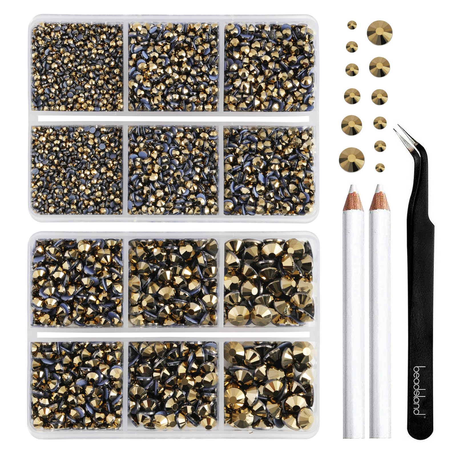 BEADSLAND Hotfix Rhinestones,6080PCS Gold Rhinestones for Clothes Crafts Mixed 6 Sizes with Wax Pencil and Tweezers Kit,SS6-SS30,Aurum