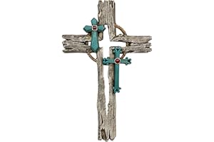 De Leon Collections 14231 Layered Cross Cutout Distressed Wood Look Turquoise and Brown 15 Inch Polyresin Southwestern Rustic Decorative Home Décor Hanging Sculpture Wall Cross