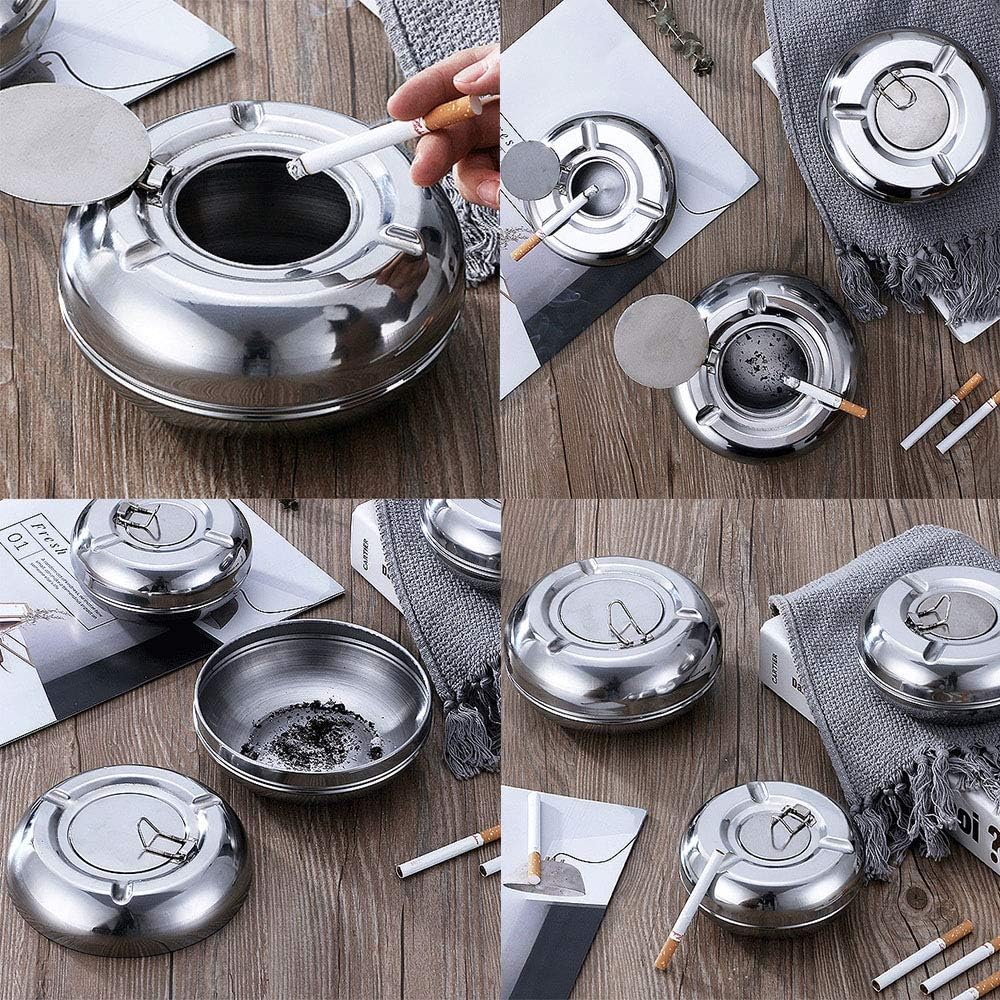 Newness Stainless Steel Modern Tabletop Ashtray For Outdoor Or Indoor Use Desktop Smoking Ash Tray For Home Office Decoration Windproof Ashtray With Lid Ashtrays Interior Accessories