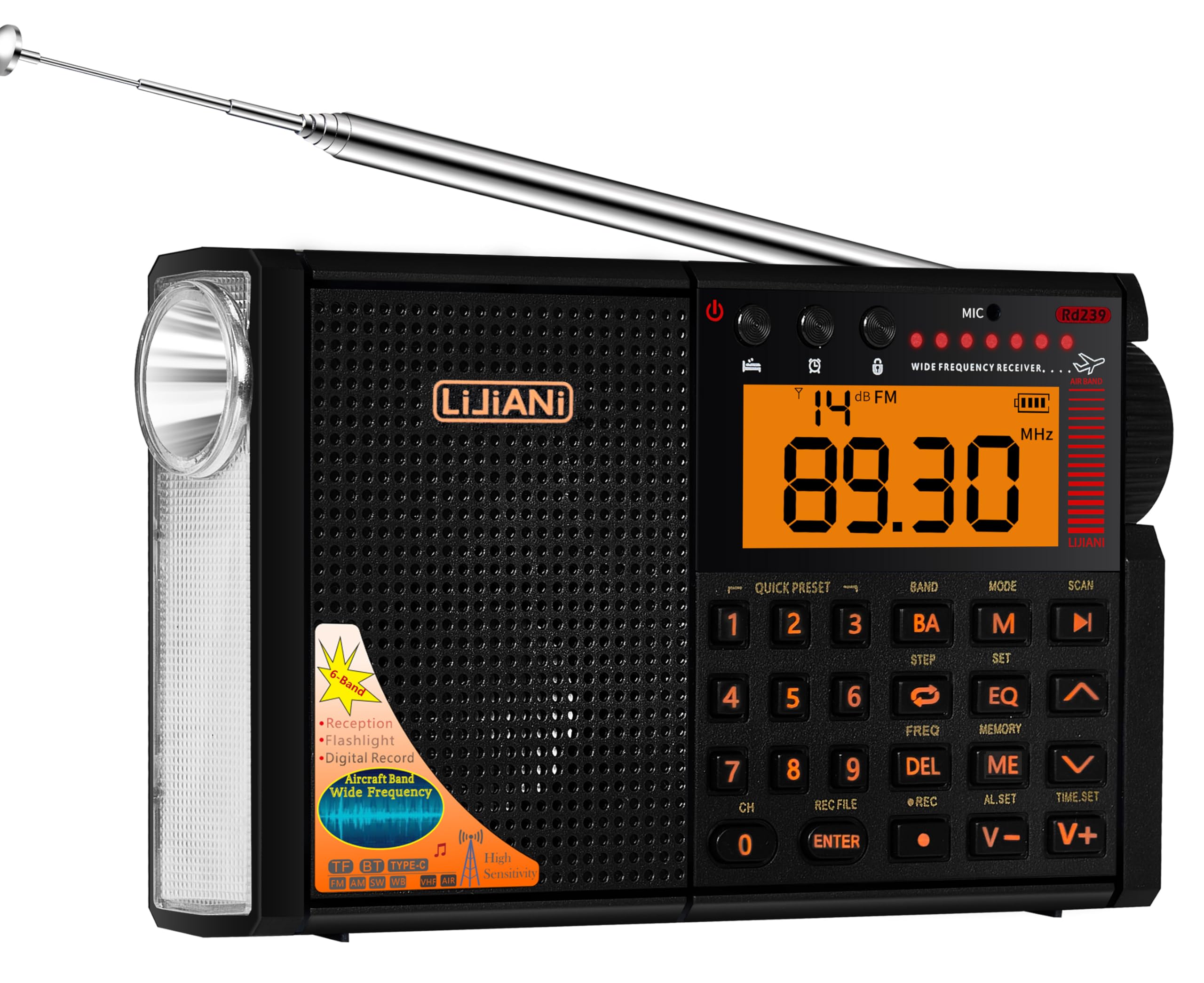 Photo 1 of V3.3 VER Shortwave Radio AIR/VHF/AM/FM/SW/Weather Bands Transistor with Bluetooth/TF Card/Flashlight,Key Backlight, Digital Record, Alarm Clock,Sleep Timer,Powered by AA & LI Battery,Type-C/ANT Jack
