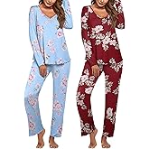 Ekouaer Womens 2 Pack Pajama Set Long Sleeve Pajamas Top and Pants V Neck Pjs Set Soft Sleepwear Loungewear