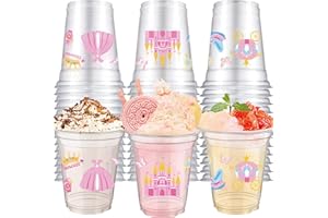 VDESFUEBY 40Pcs Pink Princess Castle Disposable Plastic Cups 12oz Pink Party Cups Disposable Transparent Princess for Princes Themed Birthday Party Ornaments
