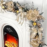 Syhood Champagne Christmas Garland 6.5 ft Christmas Flocked Garlands for Mantle with Large Magnolia Flower, Globe String Lights, Large Bows, Glitter Berries and Leaves for DIY Stair Indoor Xmas Decor