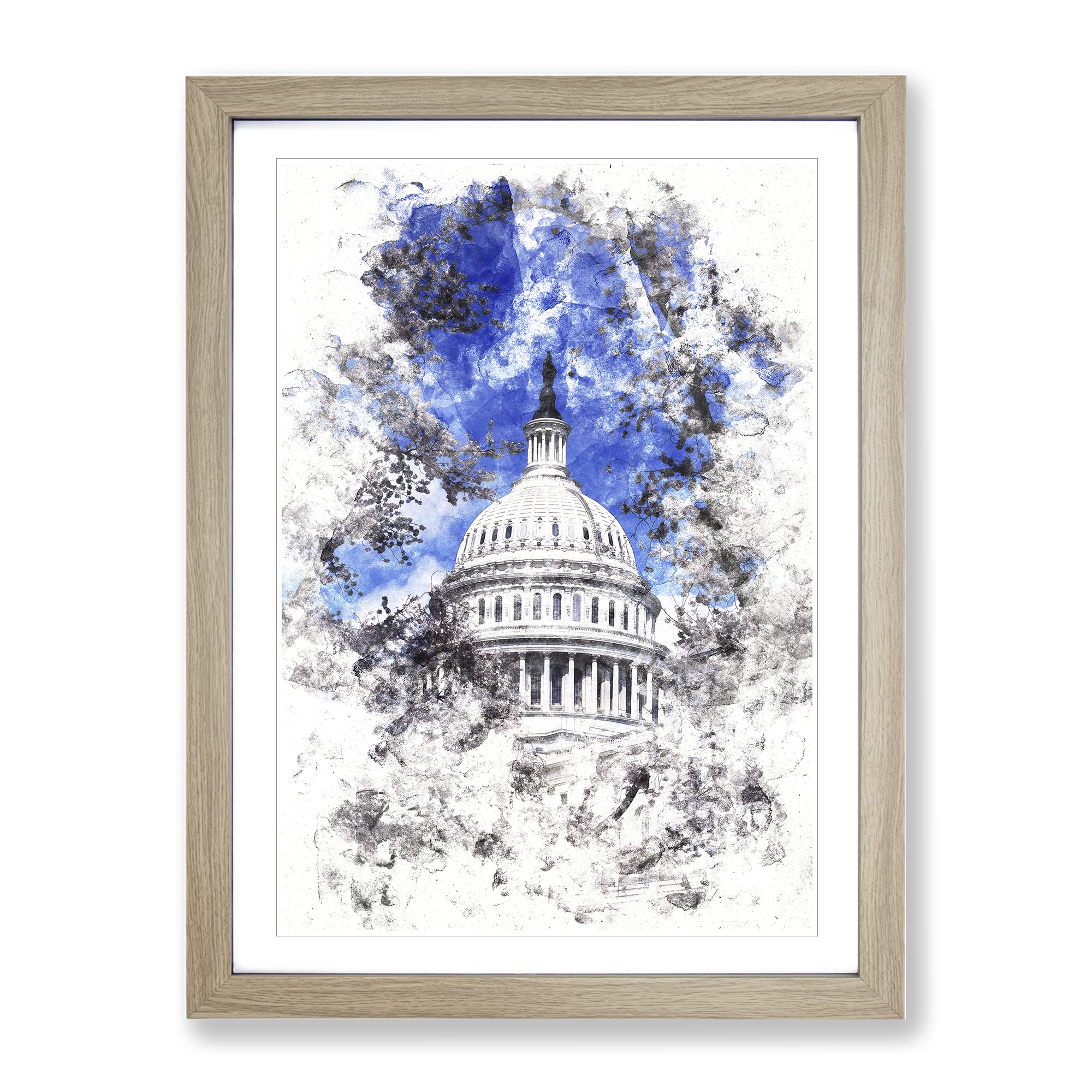 Capitol Hill & Cherry Blossom Tree Watercolour Modern Framed Wall Art Print, Ready to Hang Picture for Living Room Bedroom Home Office Décor, Oak A4 (34 x 25 cm)