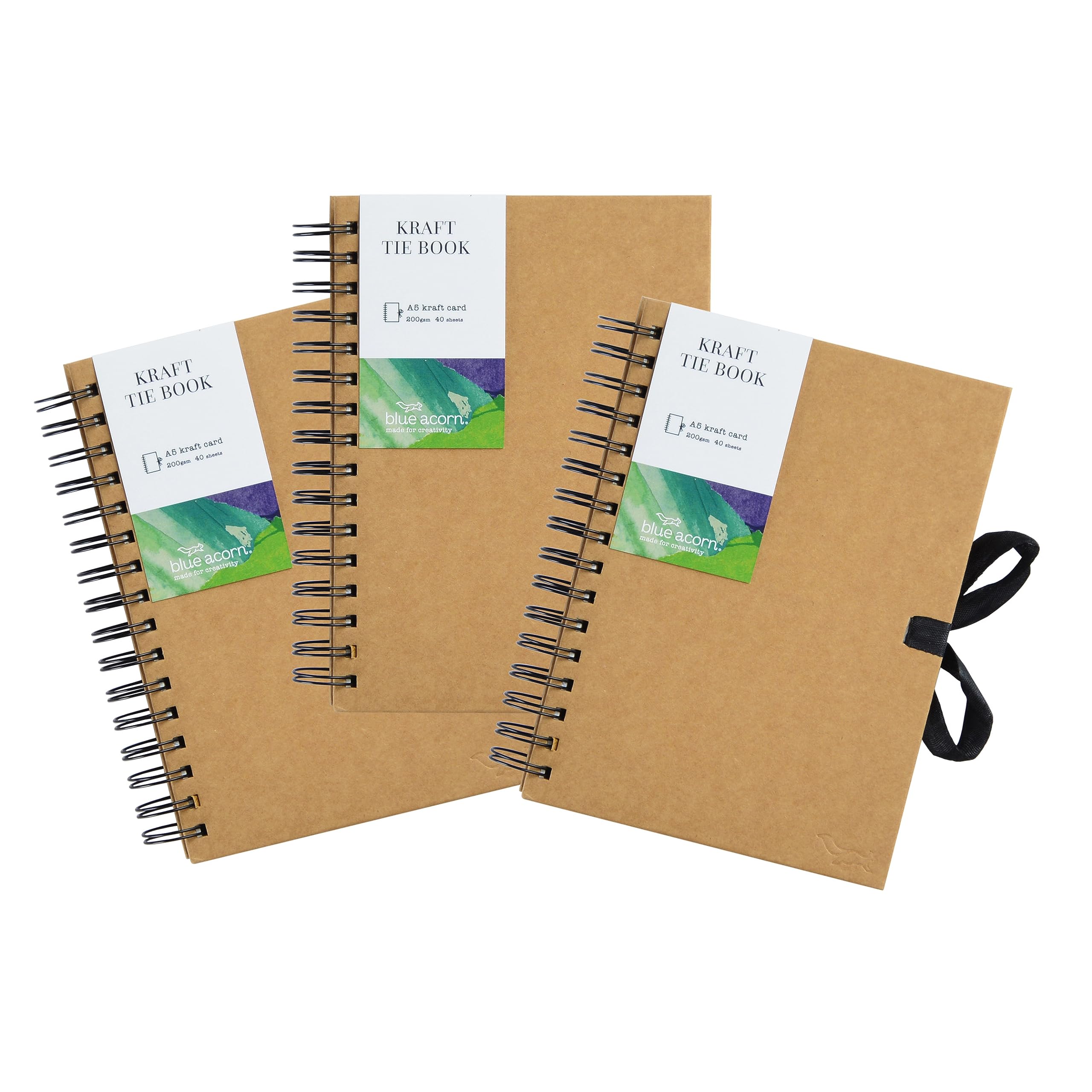 Blue Acorn A5 Tie Kraft Sketchbook - 21x15cm - 3 Pack - 40 Pages (200gsm) - Brown Kraft Paper - Perfect for Drawing, Painting and Scrapbooking