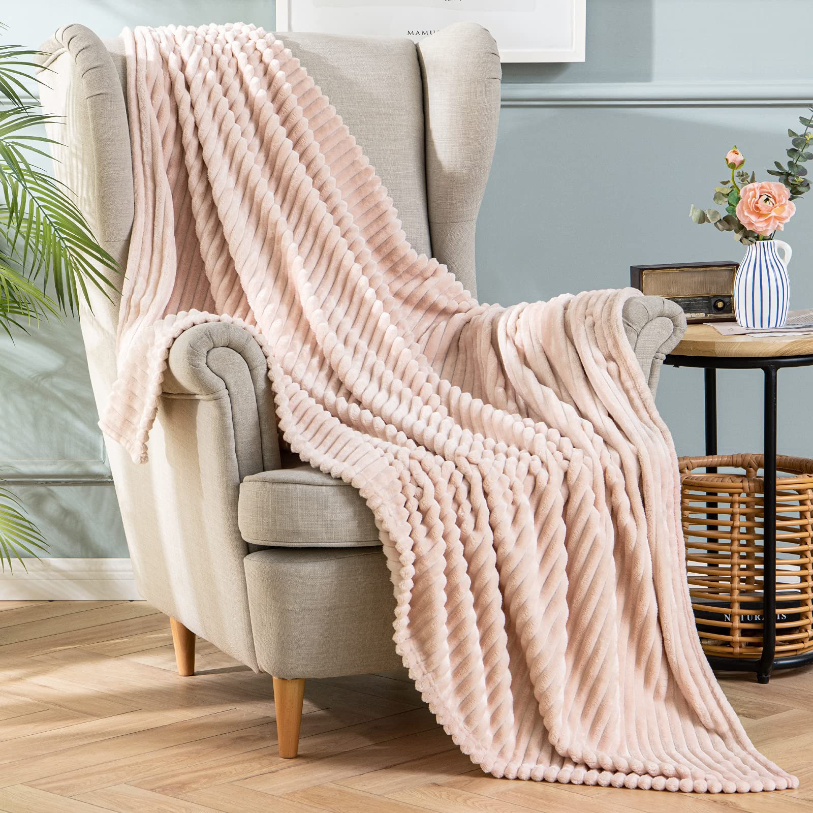 MIULEE Flannel Fleece Throw Blankets Soft Warm Comfortable Throws for Sofa Corduroy Fluffy Blanket Bed Throw for Bedroom Couch Travel Kids Bedroom Accessories 60x80Inch Pink — image 1