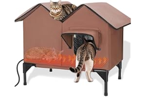 Heated Cat House, Large Heated Outdoor Cat House for Winter with Cat Heating Pad, Escape Door, Elevated Insulated Cat House O
