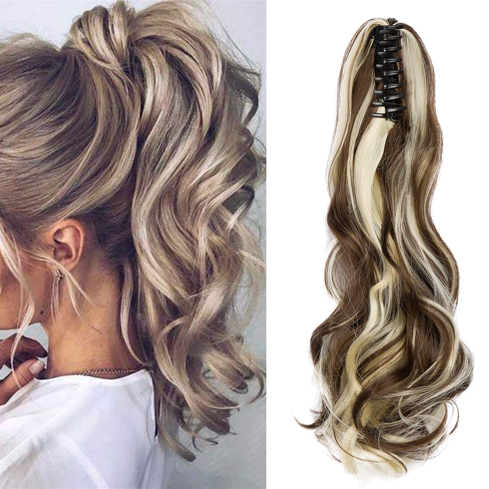 Cybelleza Ponytail Extension Curly Wavy Claw Jaw Pony Tail One Piece Clip in Hair Extensions Hairpiece Synthetic Long Natural for Women (Chestnut Brown&Bleach Blonde) — image 1