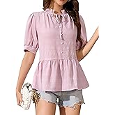 Blooming Jelly Womens Peplum Tops Tie Front Puff Sleeve Cute Summer Blouse Casual Babydoll Trendy Shirt Vacation Outfit