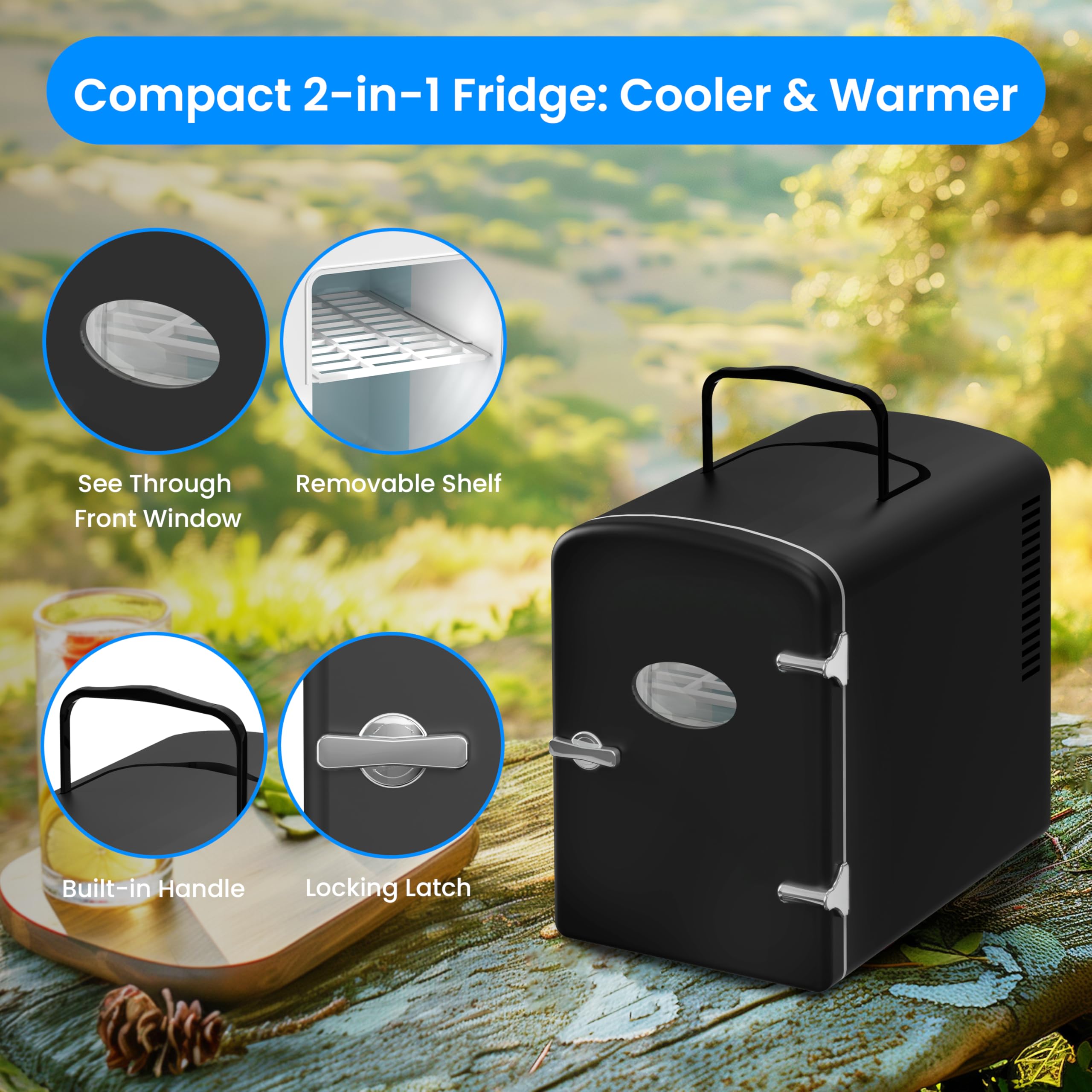 Simple Deluxe 6L Portable Mini Fridge with Observation Window, Warmer and Cooler 9 Cans Compact Refrigerator, 100% Freon-Free & Eco Friendly, 6 L, Black