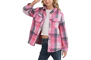 YOURUIKEY Girls Long Sleeve Flannel Shirts Button Down Plaid Jackets Collared Pockets Blouses Tops Fall Winter Clothes 7-14Y