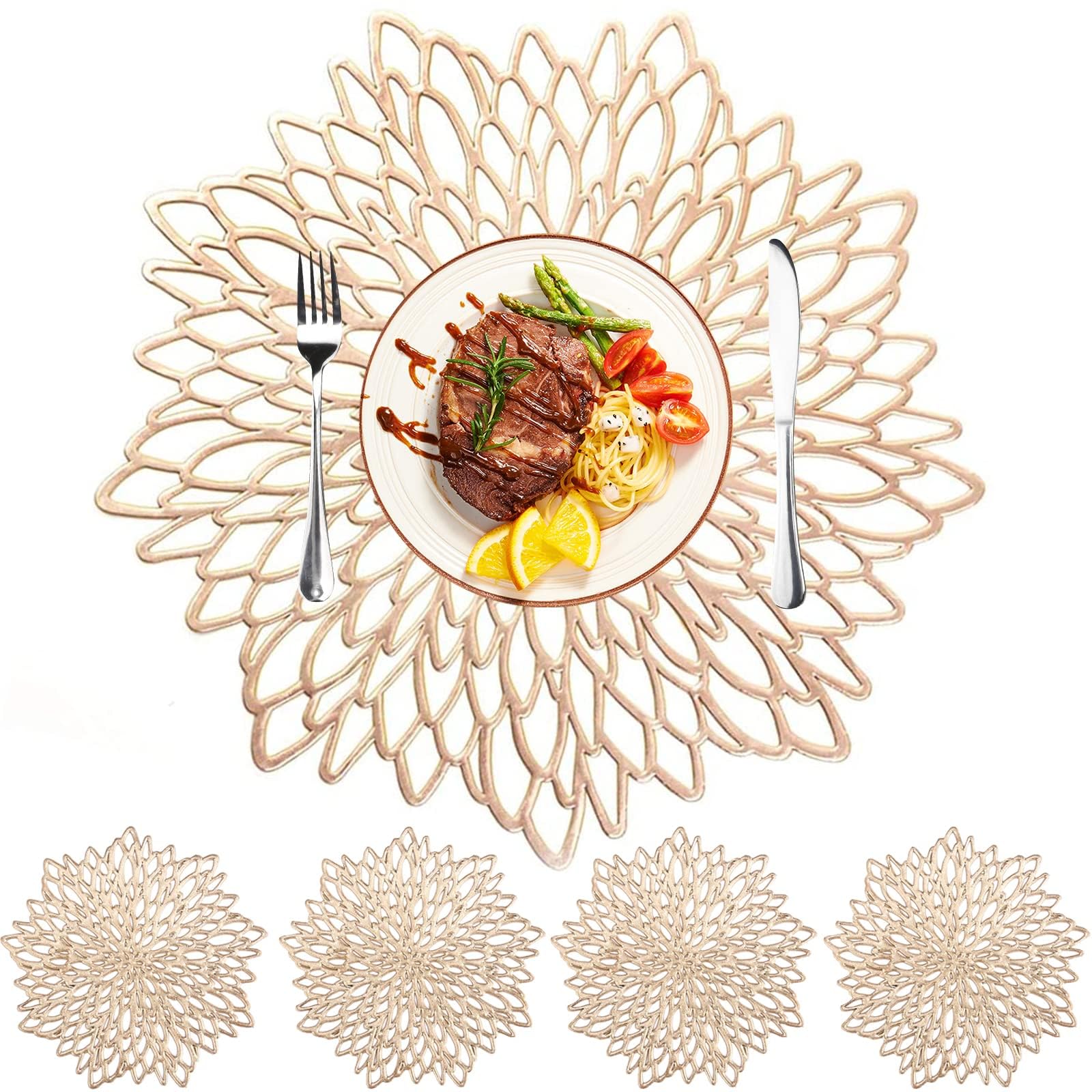 MI CASA Placemats and Coaster Set of 6, Gold Round Table Placemats Dining Table Mats Heat Resistant Anti-slip and Washable Place Mats for Christmas, Wedding, Dinner Parties, Restaurant, Hotel
